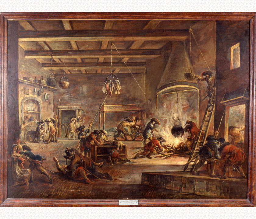 Attribué à Francesco Simonini, Scène de pillage dans une auberge, huile sur toile, XVIIIe siècle