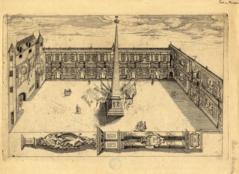 Jean Appier dit Hanzelet (fils), La grande cour de la faculté de Pont-à-Mousson, cuivre gravé, 1623