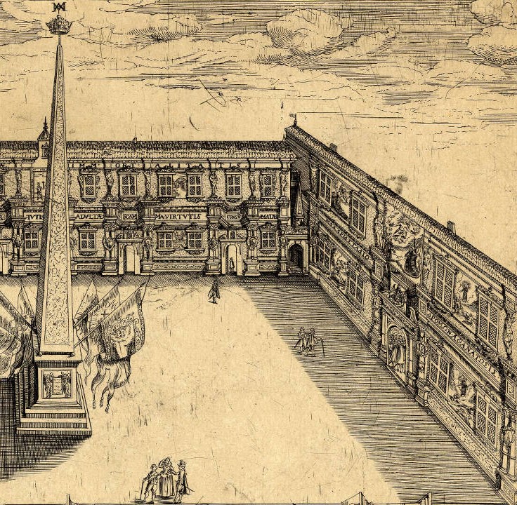 Jean Appier dit Hanzelet (fils), La grande cour de la faculté de Pont-à-Mousson, 1623, détail