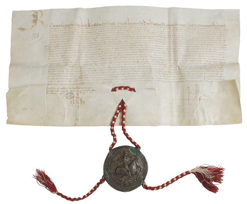 René II, Charte de franchise de Nancy, manuscrit sur parchemin, 1497. Nancy, Archives municipale, AA1 © Archives municipales de Nancy