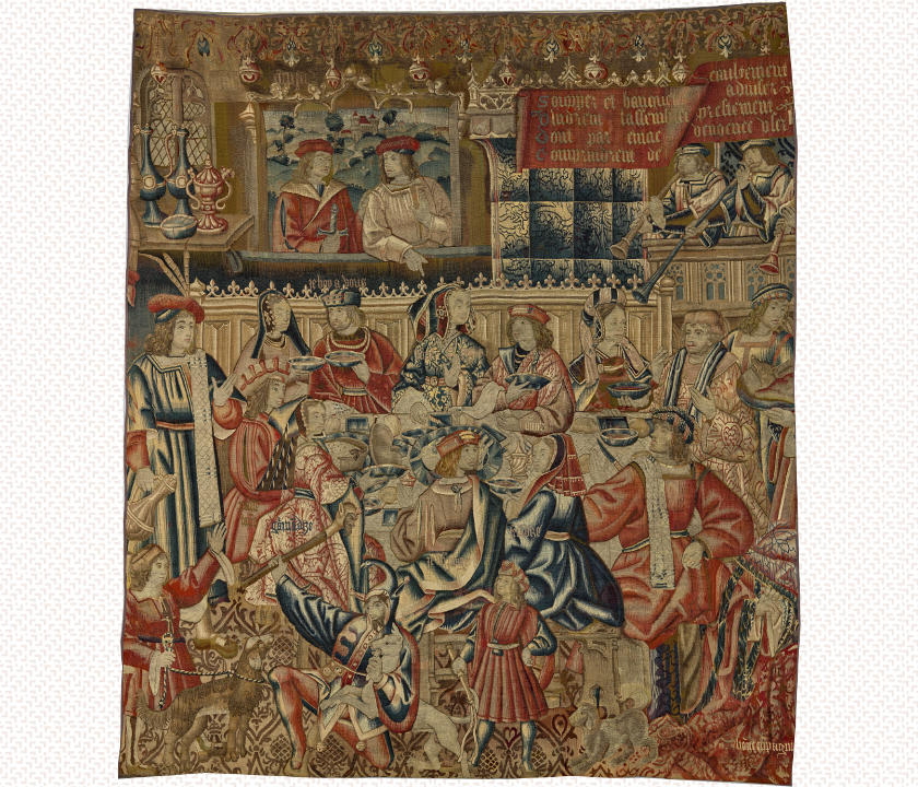 Atelier tournaisien, Tenture de la Condamnation de Banquet, Le repas de Dîner, tapisserie de haute-lice, laine et soie, 1ère moitié du XVIe siècle	