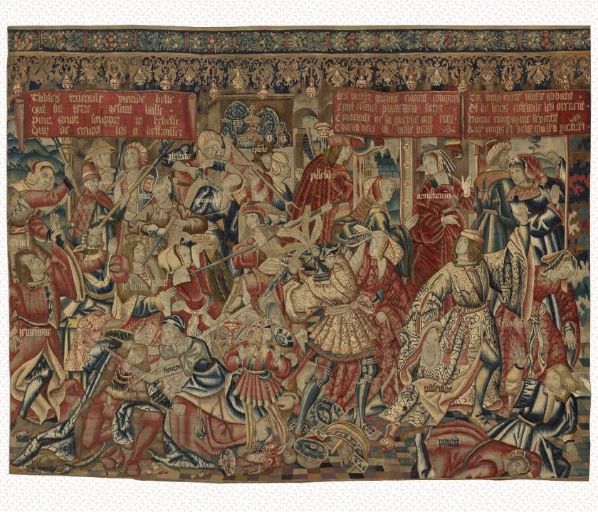 Atelier tournaisien, Tenture de la Condamnation de Banquet, L’assaut des maladies, tapisserie de haute-lice, laine et soie, 1ère moitié du XVIe siècle