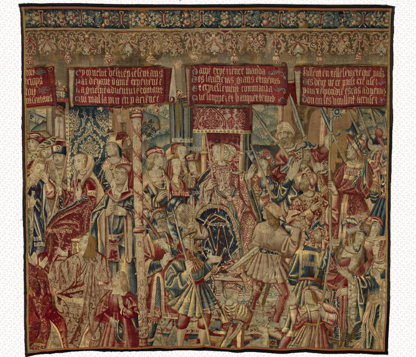 Atelier tournaisien, Tenture de la Condamnation de Banquet, La plainte et le mandat d’amener, tapisserie de haute-lice, laine et soie, 1ère moitié du XVIe siècle