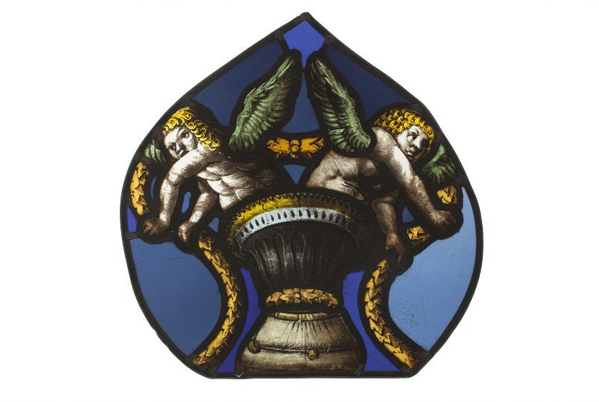 Anonyme, Élément de tête de lancette aux putti portant une guirlande, Fin du XVe siècle ou début du XVIe siècle, Verre et plomb