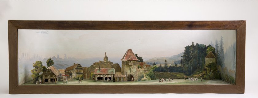 Auguste Ramel, Maquette du village alsacien, bois peint pour la caisse, toile, carton et papier, peints et assemblés pour le décor, 1908-1909