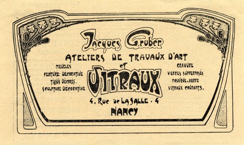 Attribué à Jacques Gruber, Publicité « Jacques Gruber ateliers de travaux d’art et vitraux », impression photomécanique, vers 1904