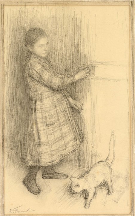 Émile Friant, Enfant et chat (Portrait de Jeanne Ledergerber), crayon graphite sur papier, vers 1894	