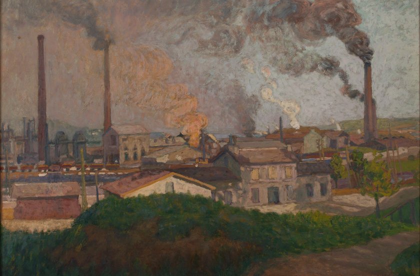 Michel Colle, Les aciéries de Pompey, huile sur bois, 1909	