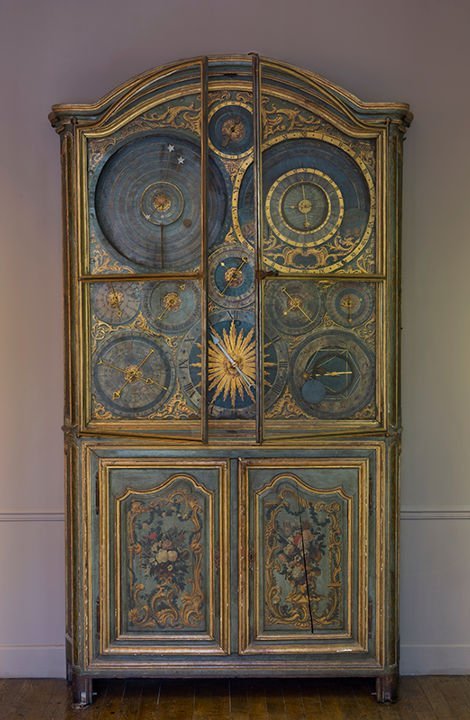 Bernard Joyeux, Horloge astronomique, bois et fer forgé peints, fer, laiton, cuivre et verre, milieu du XVIIIe siècle