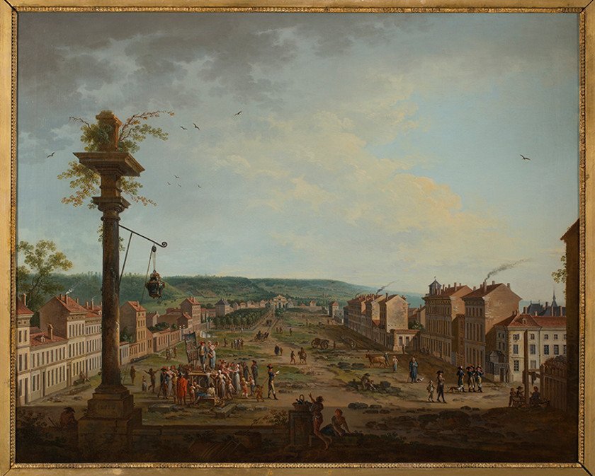 Attribué à Jean-Baptiste Claudot, Vue de la Place de Grève et du Cours de la Liberté, huile sur toile, 1801