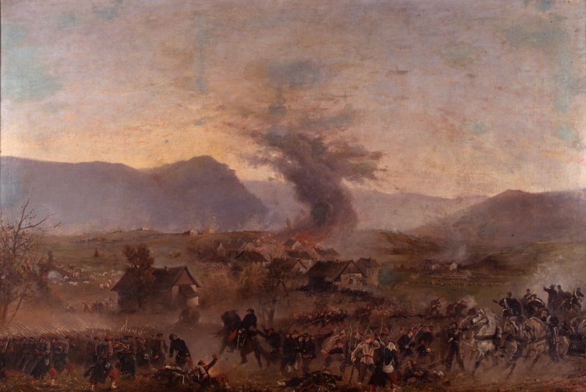 Joseph-Émile Gridel, Le bataillon des mobiles de la Meurthe à la bataille de Nompatelize, le 6 octobre 1870, huile sur toile, 1874