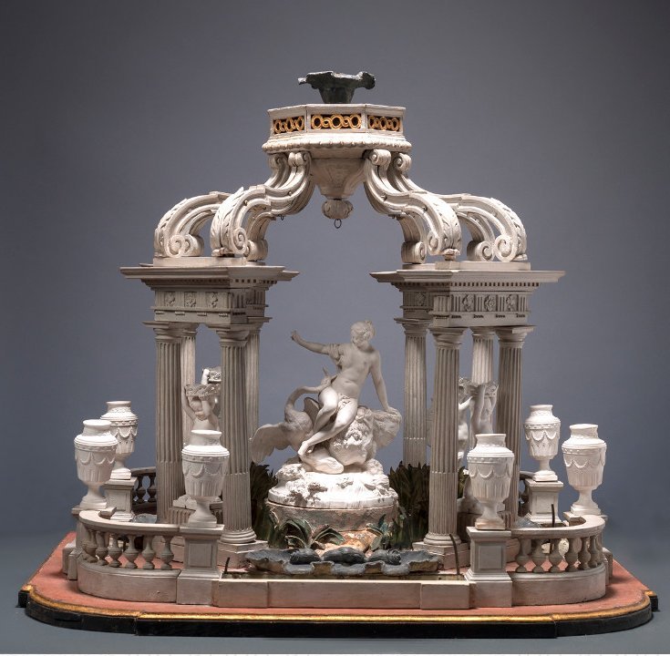 Manufacture Cyfflé à Lunéville, Léda et le cygne, biscuit de porcelaine hybride, bois sculpté et peint, métal peint, 1767 - 1779