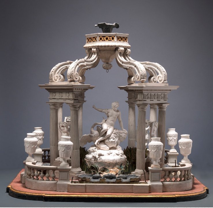 Manufacture Cyfflé à Lunéville, Léda et le cygne, biscuit de porcelaine hybride, bois sculpté et peint, métal peint, 1767 - 1779